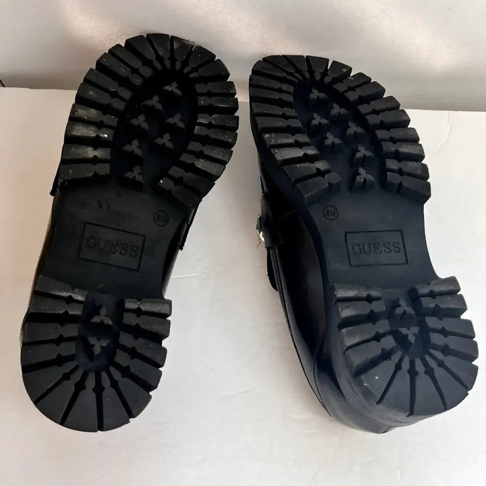 Guess Shoes Loafers Womens 8M Black Gold Tone Chain Lug Sole Chunky Platform